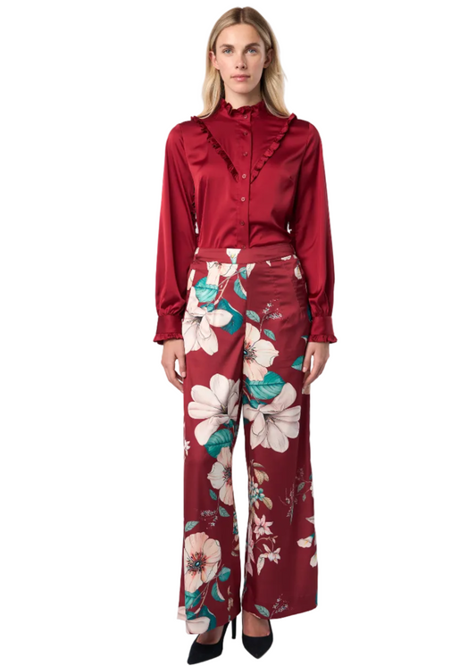 Ruffle Stand Collar Long Sleeve Shirt In Burgundy Solid