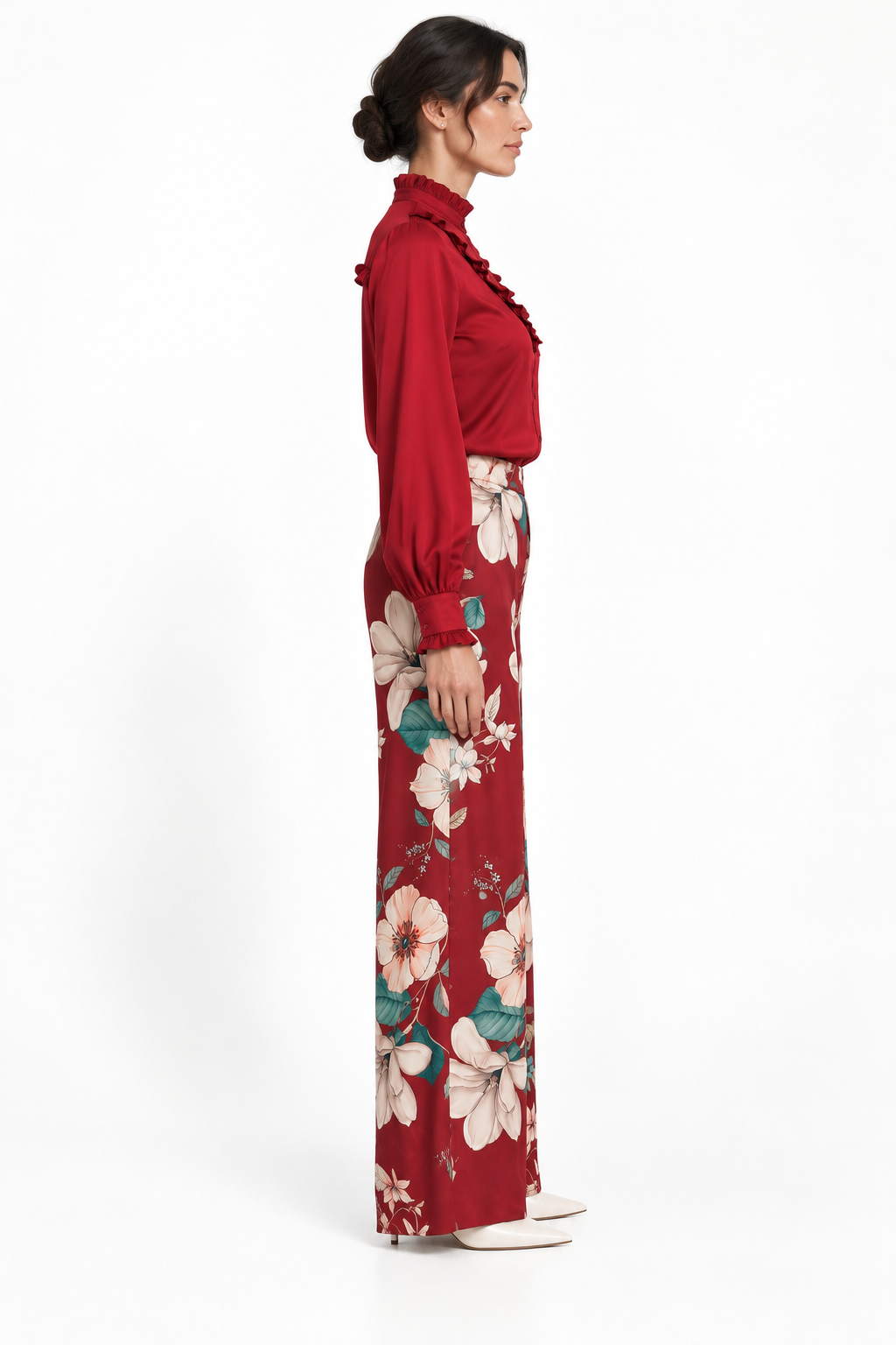 Ruffle Stand Collar Long Sleeve Shirt In Burgundy Solid