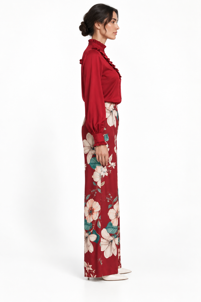 Ruffle Stand Collar Long Sleeve Shirt In Burgundy Solid