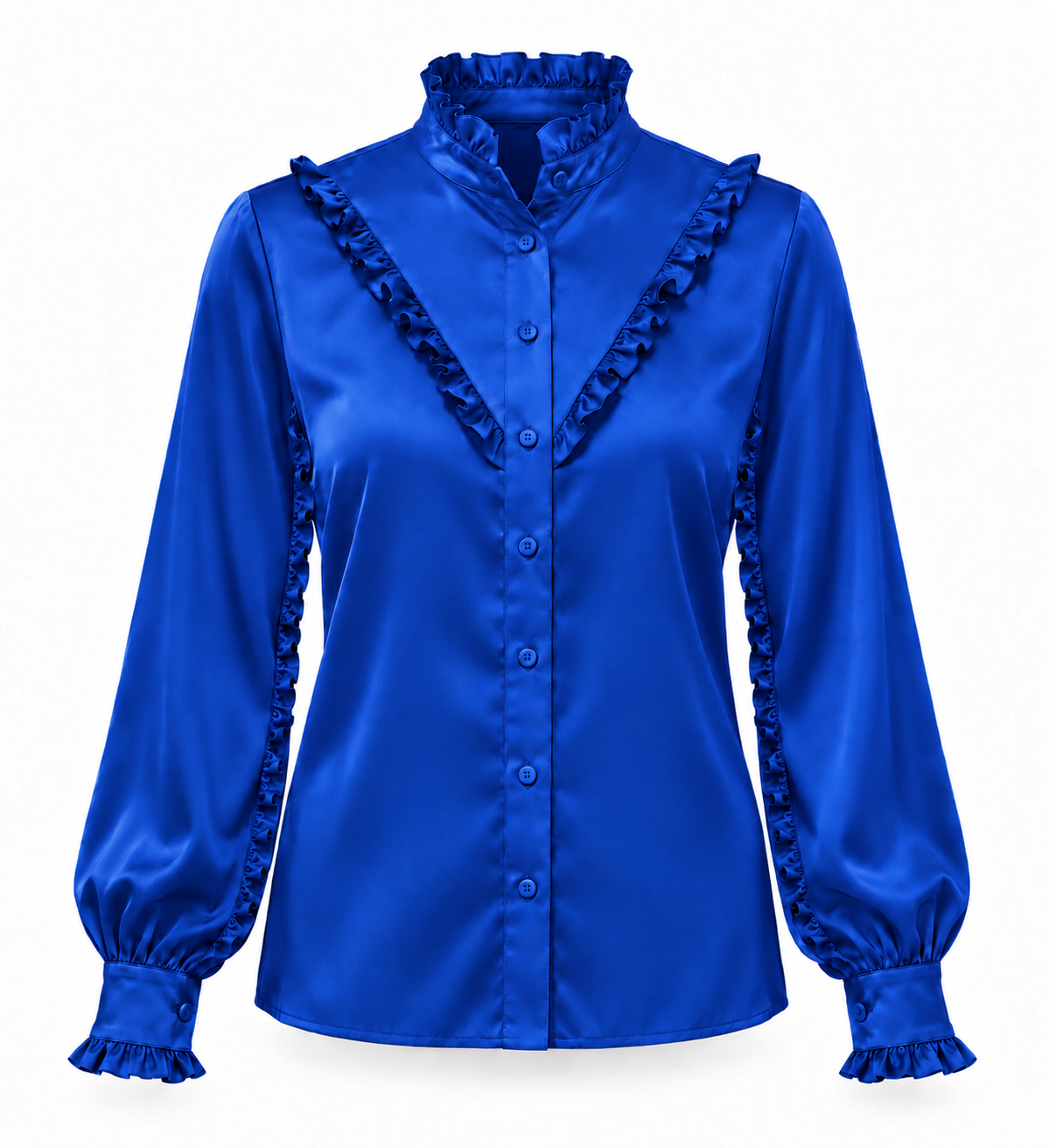 Ruffle Stand Collar Long Sleeve Shirt In Cobalt Solid