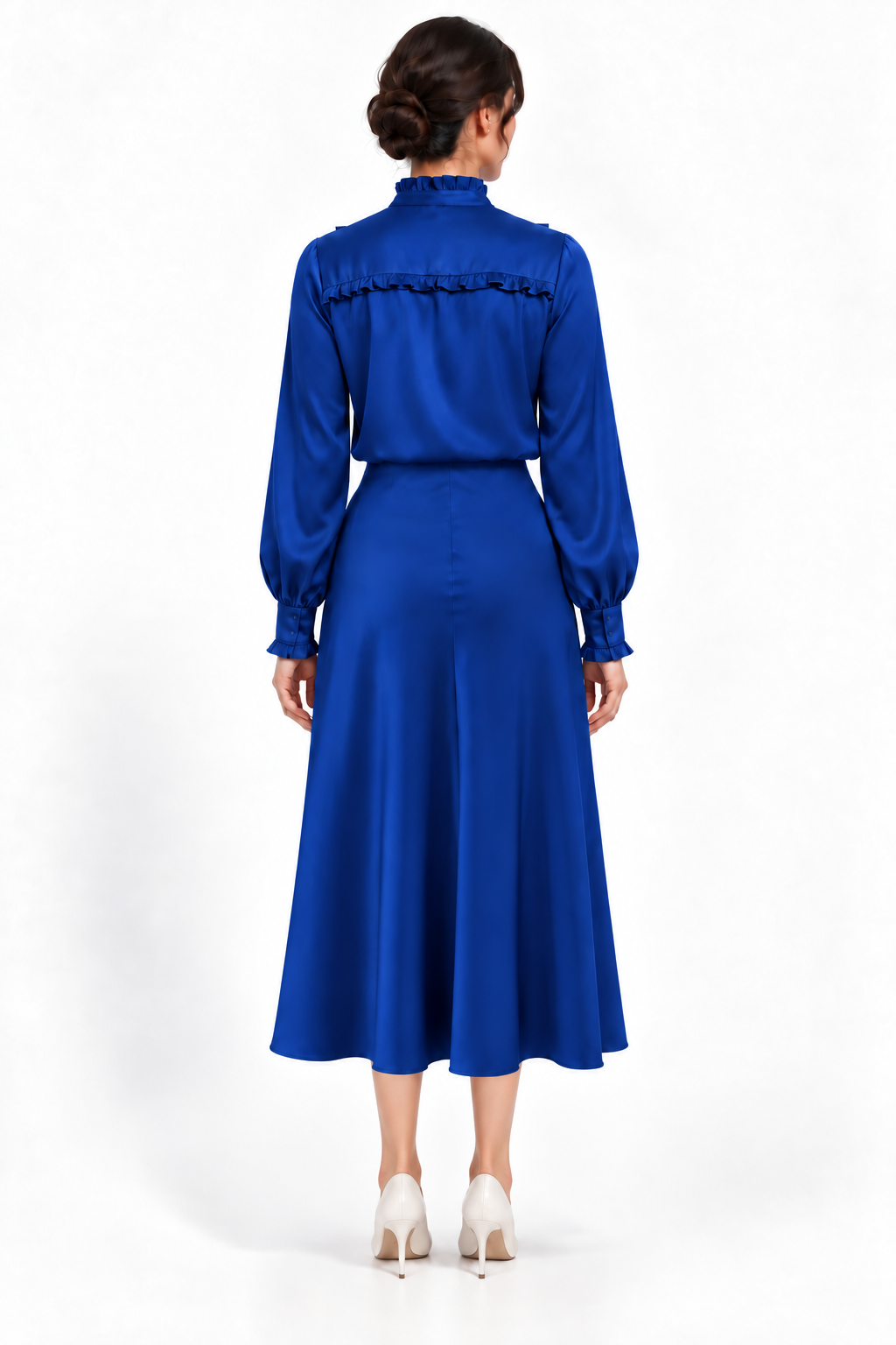 Ruffle Stand Collar Long Sleeve Shirt In Cobalt Solid