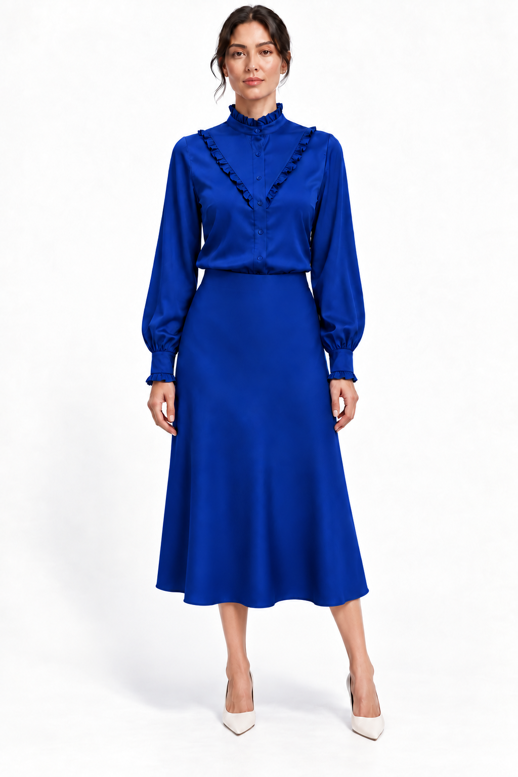 Ruffle Stand Collar Long Sleeve Shirt In Cobalt Solid