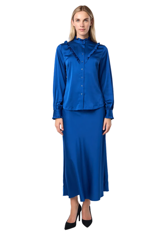 Ruffle Stand Collar Long Sleeve Shirt In Cobalt Solid
