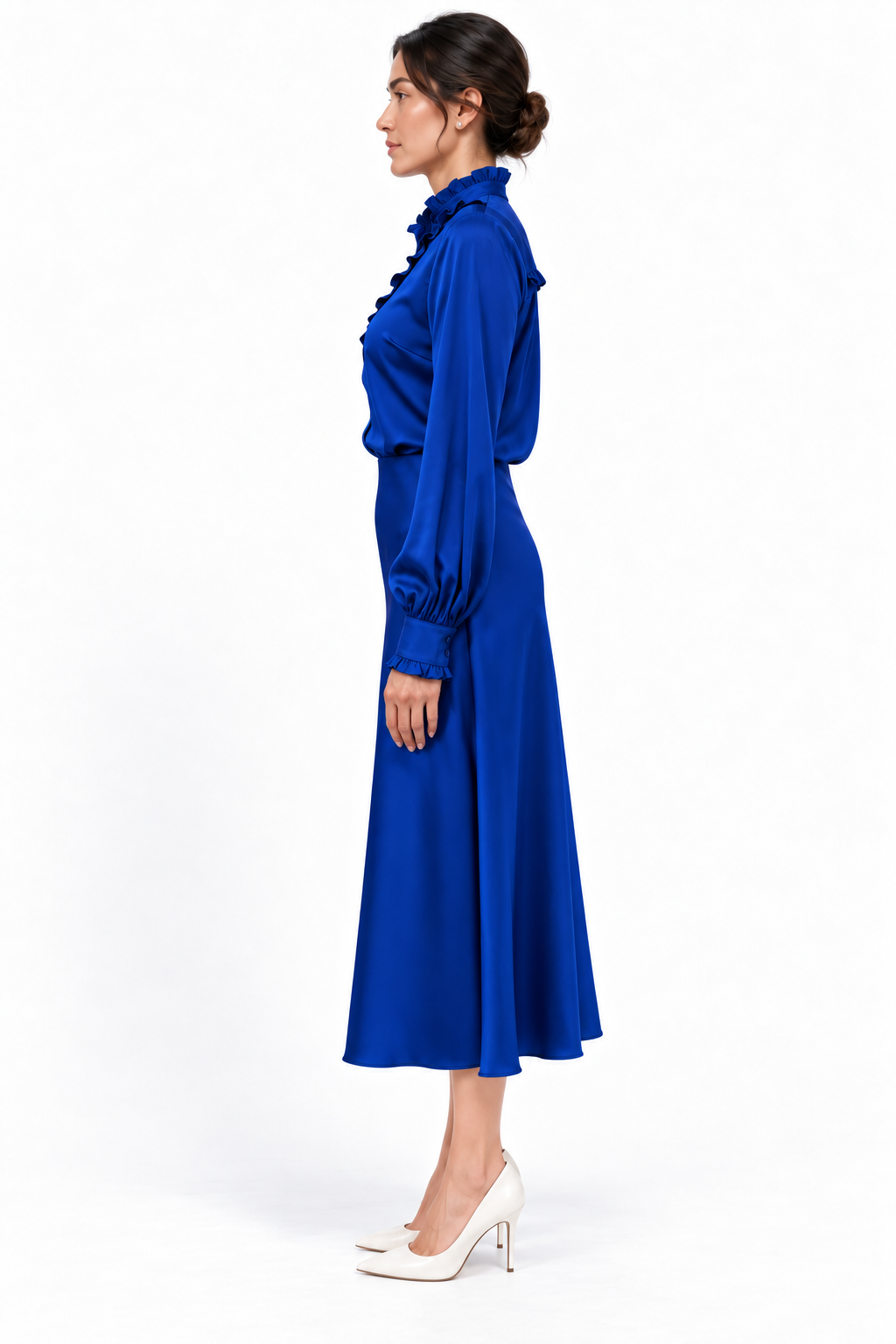 Ruffle Stand Collar Long Sleeve Shirt In Cobalt Solid