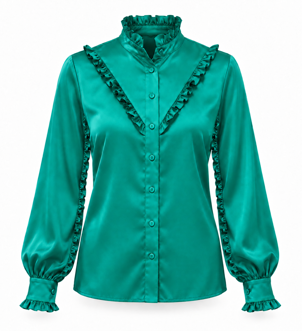 Ruffle Stand Collar Long Sleeve Shirt In Emerald Solid