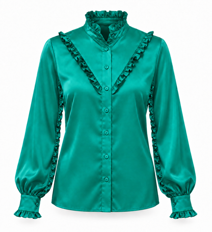 Ruffle Stand Collar Long Sleeve Shirt In Emerald Solid