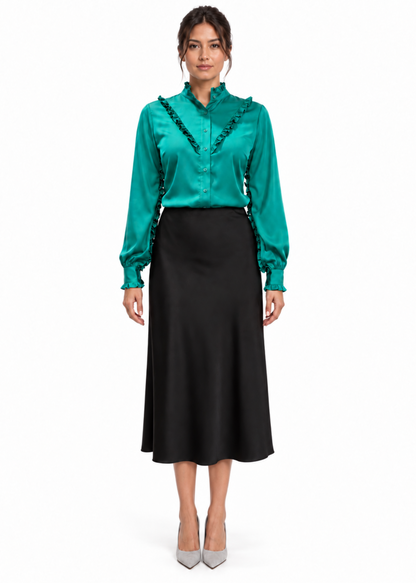 Ruffle Stand Collar Long Sleeve Shirt In Emerald Solid