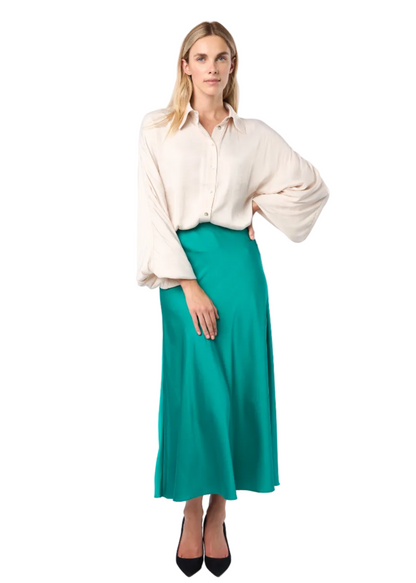 Oversized Balloon Sleeve Button Down Crinkled Satin Shirt W/ Shirttail In Khaki Champagne Solid