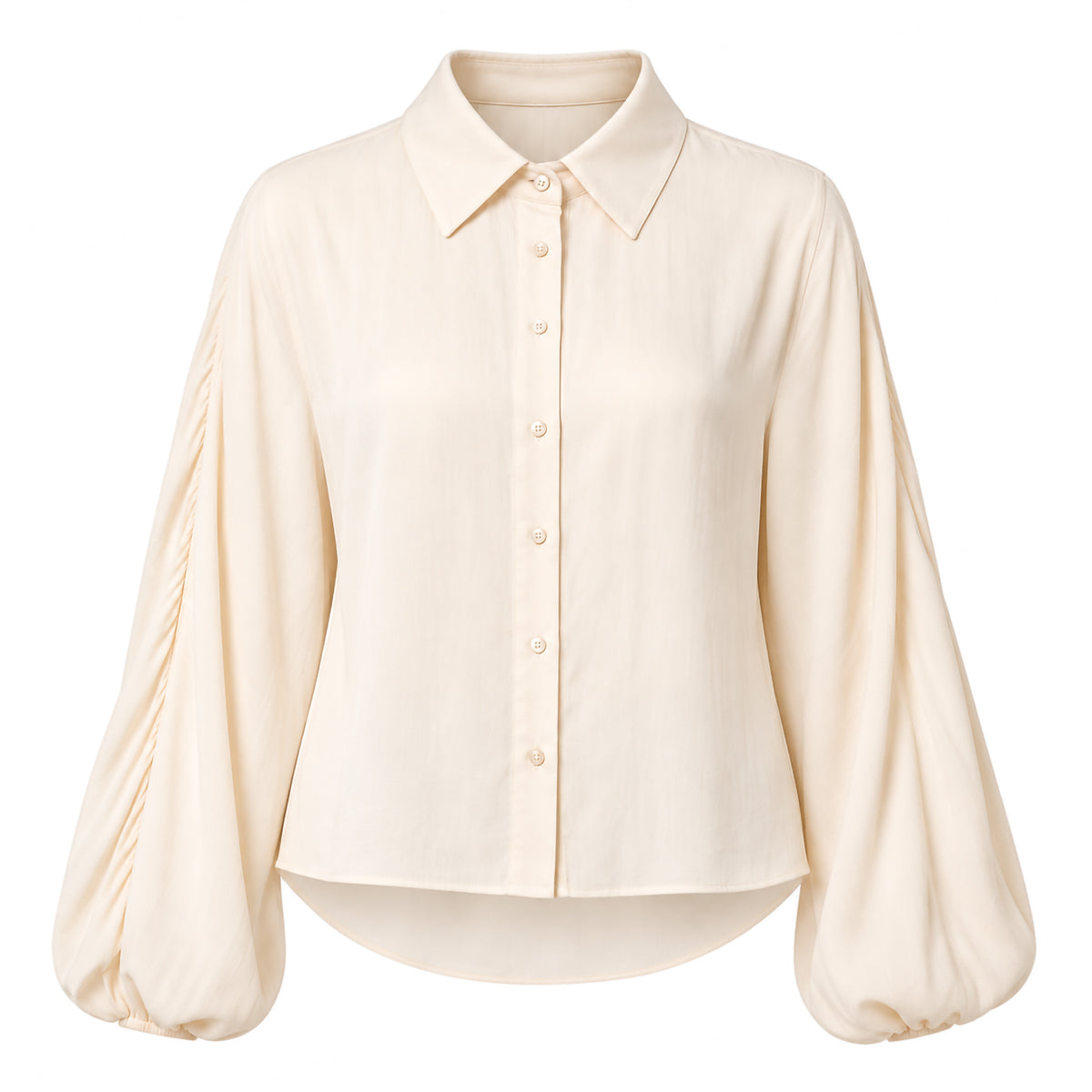 Oversized Balloon Sleeve Button Down Crinkled Satin Shirt W/ Shirttail In Khaki Champagne Solid