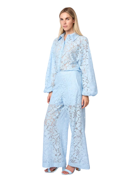 Oversized Balloon Sleeve Button Down Lace Shirt W/ Shirttail In Skyblue Solid