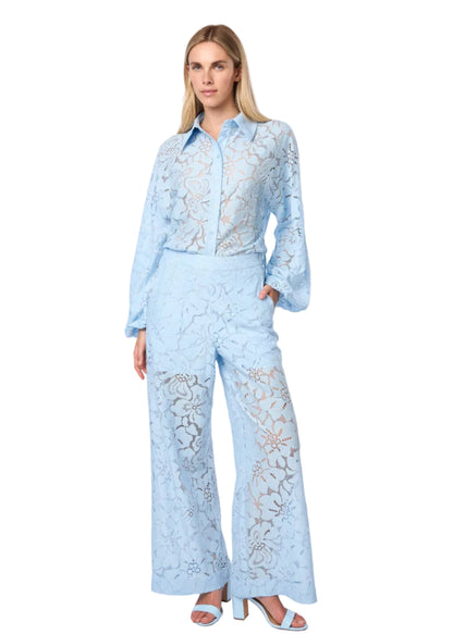 Oversized Balloon Sleeve Button Down Lace Shirt W/ Shirttail In Skyblue Solid