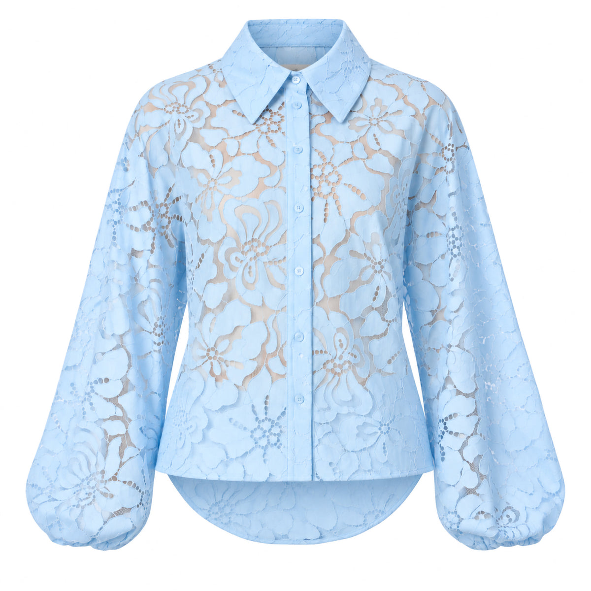 Oversized Balloon Sleeve Button Down Lace Shirt W/ Shirttail In Skyblue Solid