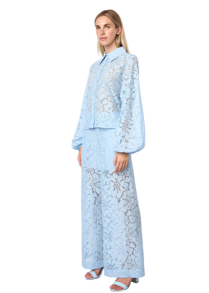 Oversized Balloon Sleeve Button Down Lace Shirt W/ Shirttail In Skyblue Solid