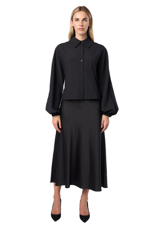 Oversized Balloon Sleeve Striped Satin Jacquard Button Down Shirt W/ Shirttail In Black Solid