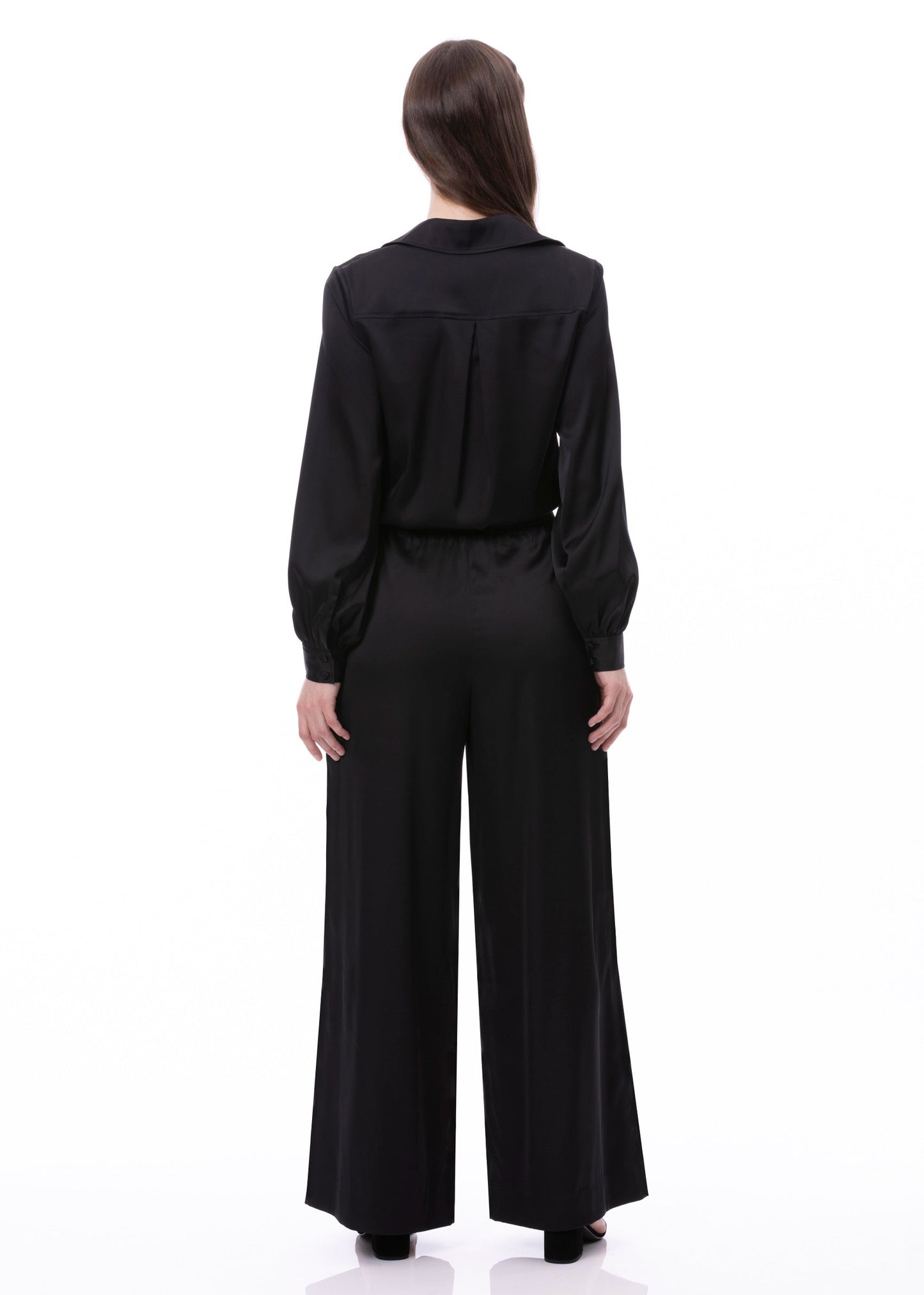 Pantalones Palazzo de satén negros lisos de pernera ancha con detalle de pinzas fruncidas