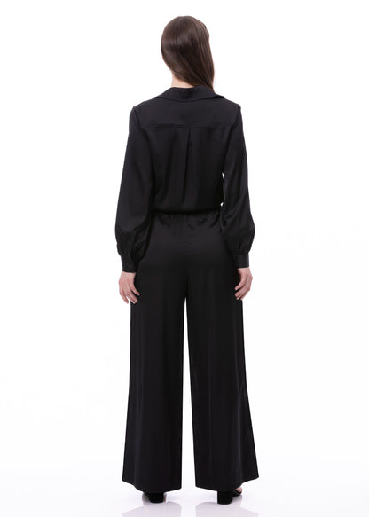 Pantalones Palazzo de satén negros lisos de pernera ancha con detalle de pinzas fruncidas