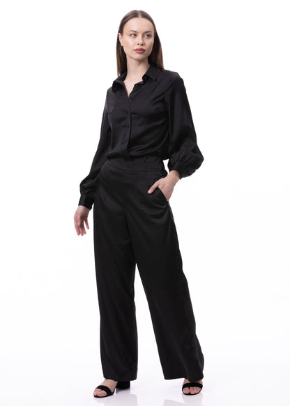 Pantalones Palazzo de satén negros lisos de pernera ancha con detalle de pinzas fruncidas