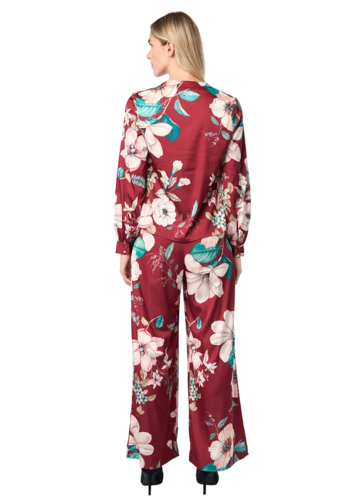 Blusa de manga larga abullonada con escote en V y detalle de pliegues (Estampado)
