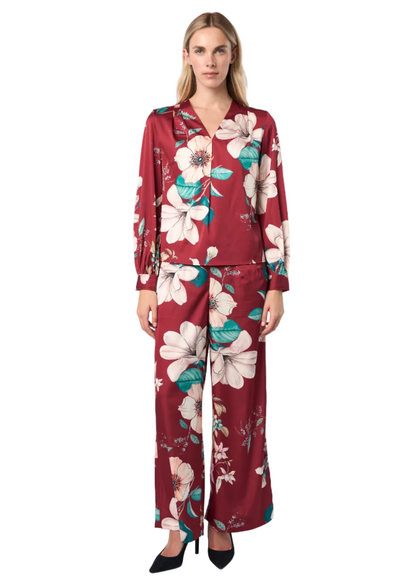 Blusa de manga larga abullonada con escote en V y detalle de pliegues (Estampado)