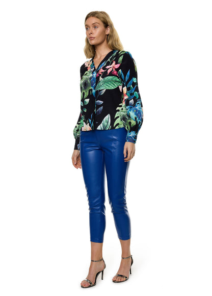 V-Neck Bar Tack Long Sleeve Blouse (Print)