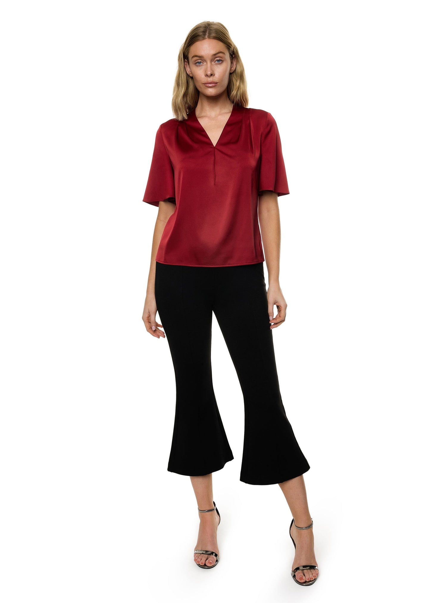 V-neck Pleat Detail Flutter Sleeve Blouse (Solid)