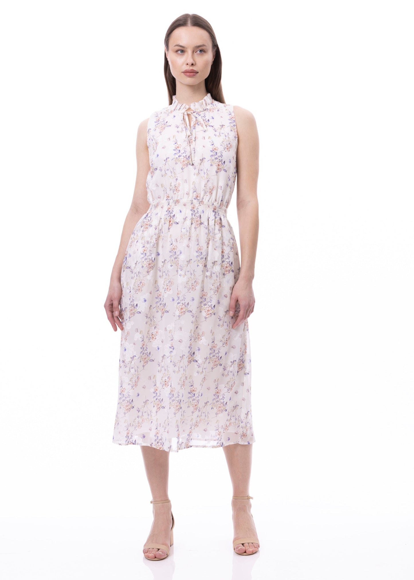Vestido sin mangas con cintura fruncida y lazo delantero con bolsillos y estampado Jardín Romántico
