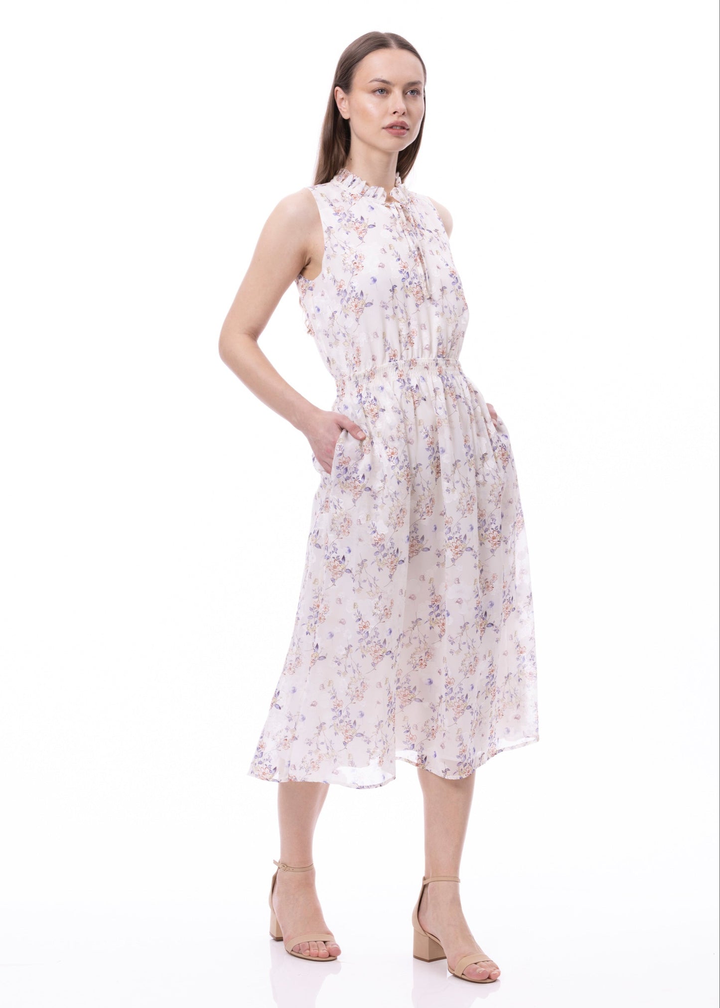 Vestido sin mangas con cintura fruncida y lazo delantero con bolsillos y estampado Jardín Romántico
