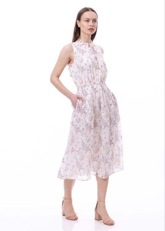Ärmelloses Kleid mit gesmokter Taille, Bindebändern vorne und Taschen im Romantic Garden Print