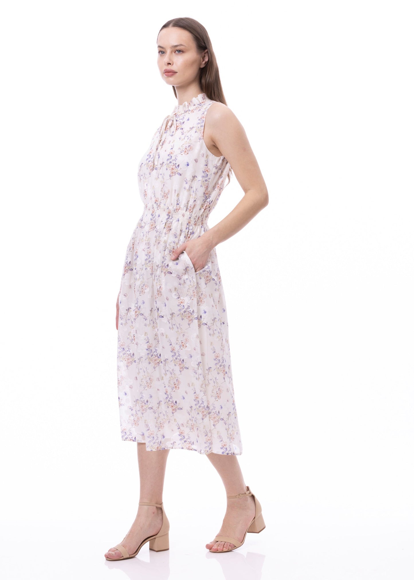 Vestido sin mangas con cintura fruncida y lazo delantero con bolsillos y estampado Jardín Romántico