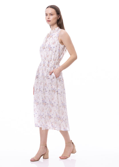Vestido sin mangas con cintura fruncida y lazo delantero con bolsillos y estampado Jardín Romántico