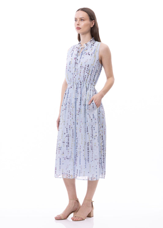 Ärmelloses Kleid mit gesmokter Taille, Bindedetail vorne und Taschen (Gemustert)