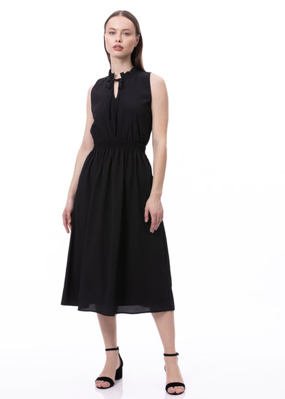 Vestido sin mangas con cintura fruncida, lazo delantero y bolsillos en negro liso
