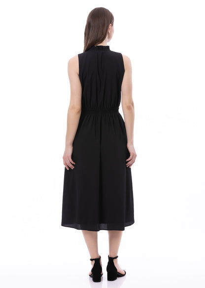 Vestido sin mangas con cintura fruncida, lazo delantero y bolsillos en negro liso