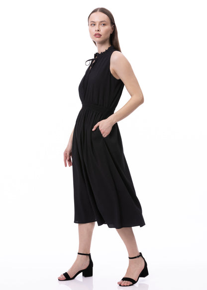 Vestido sin mangas con cintura fruncida, lazo delantero y bolsillos en negro liso