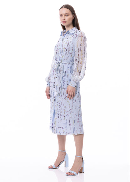 Button Down Shirt Dress With Illusion Puff Long Sleeve & Pockets (Print)