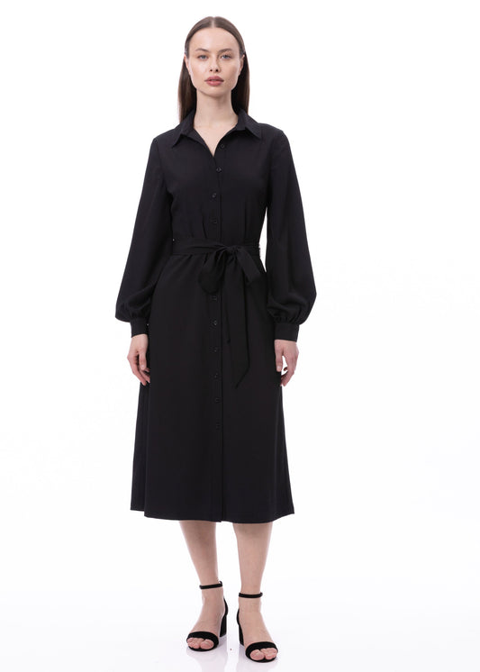 Gestreiftes Hemdblusenkleid aus Satin-Jacquard mit Puffärmeln und Taschen in Schwarz Uni