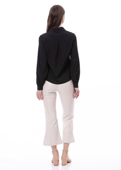 Button Down Long Sleeve Striped Satin Jacquard Shirt In Black Solid