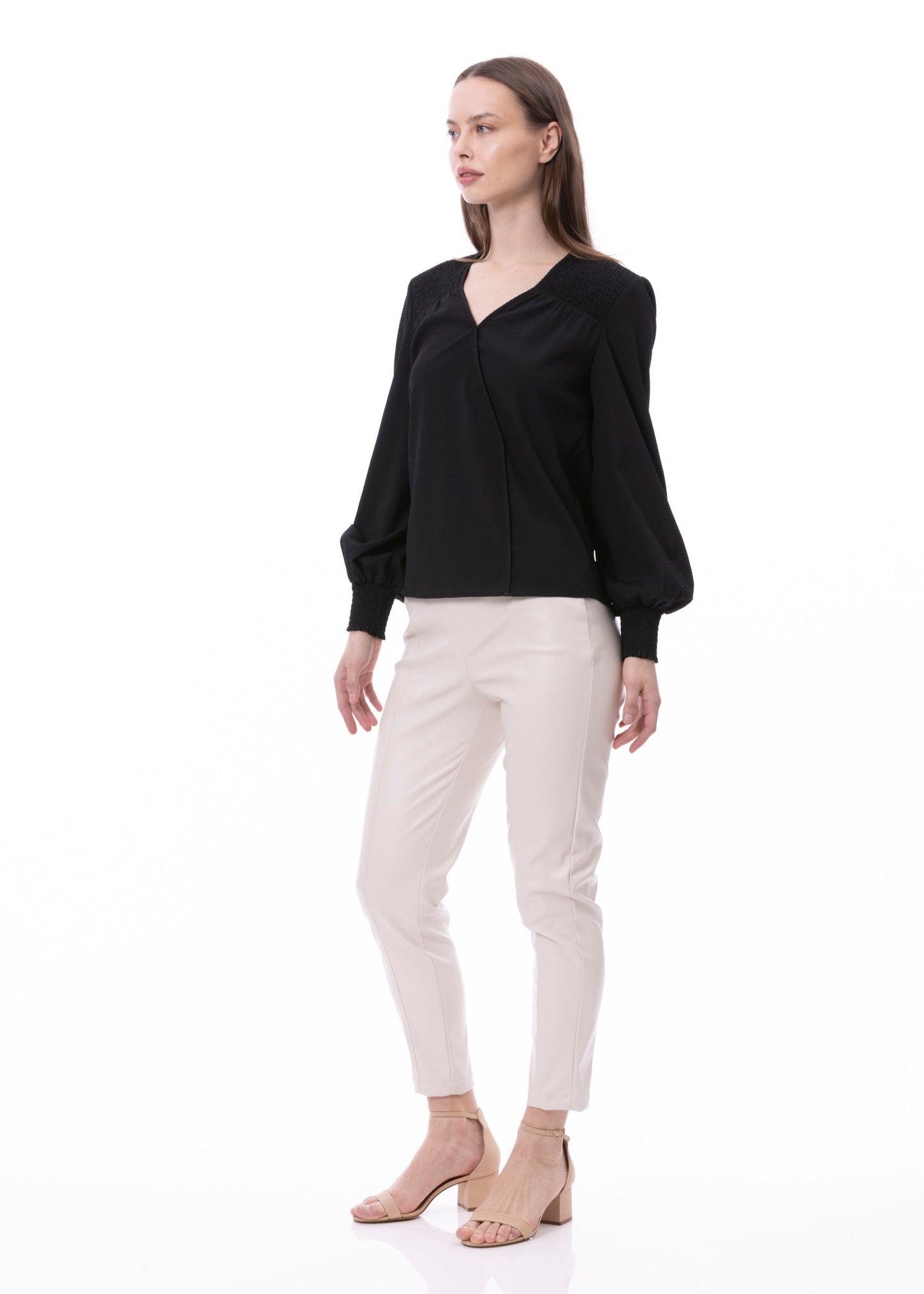 V-neck Bishop Sleeve Smocked Shoulder & Cuff Faux Wrap Blouse In Black Solid