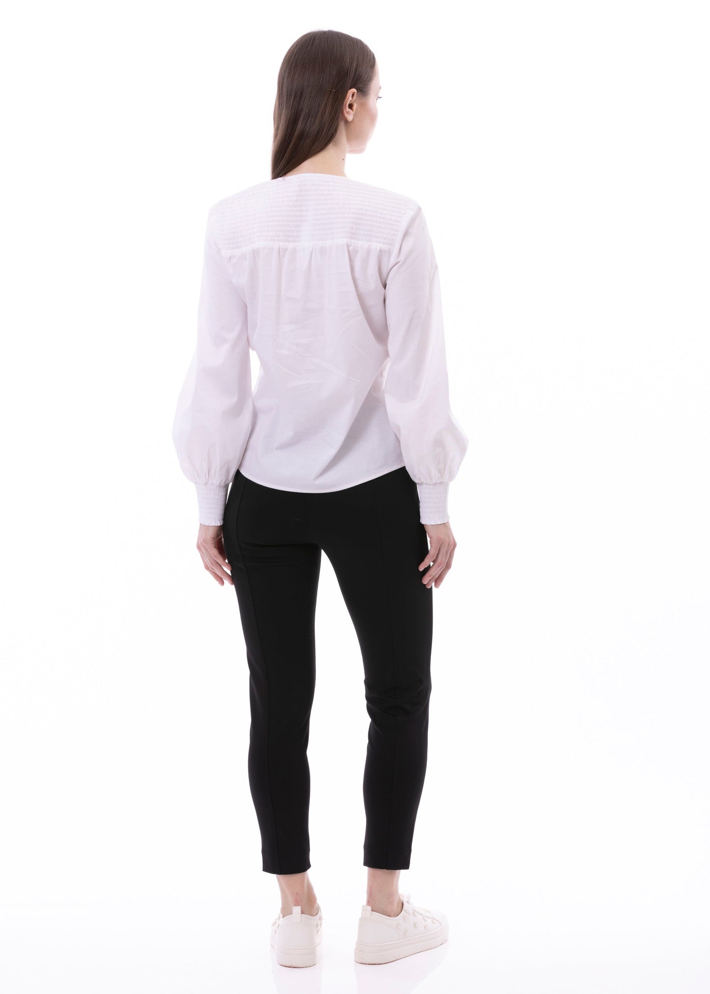V-neck Bishop Sleeve Smocked Shoulder & Cuff Faux Wrap Blouse In Cotton White Solid