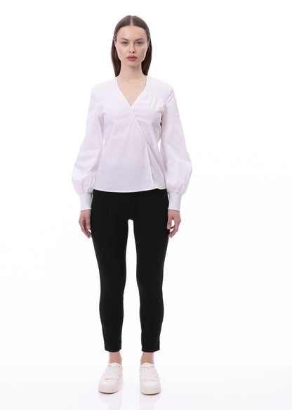 V-neck Bishop Sleeve Smocked Shoulder & Cuff Faux Wrap Blouse In Cotton White Solid