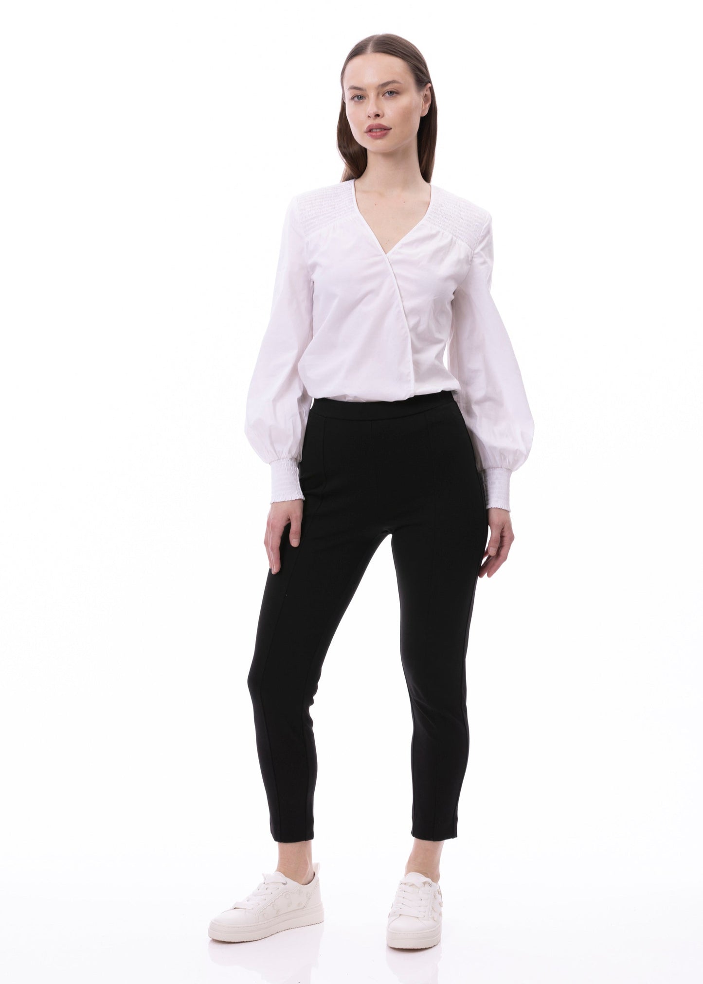 V-neck Bishop Sleeve Smocked Shoulder & Cuff Faux Wrap Blouse In Cotton White Solid