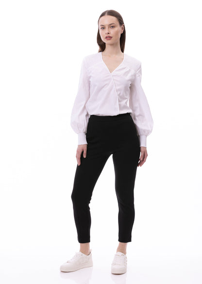 V-neck Bishop Sleeve Smocked Shoulder & Cuff Faux Wrap Blouse In Cotton White Solid